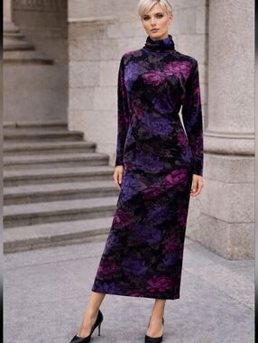 Kira | Vintage Velvet Floral Maxi Dress Open Back Ruching Cowl Neck Long Sleeve